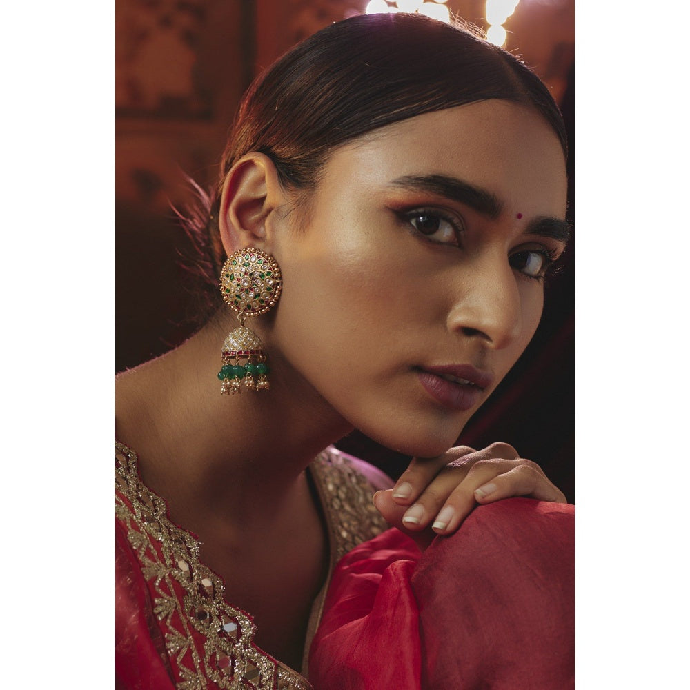 KARISA DESIGNS Green Phool Kundan Pearls and Beads Jhumkas