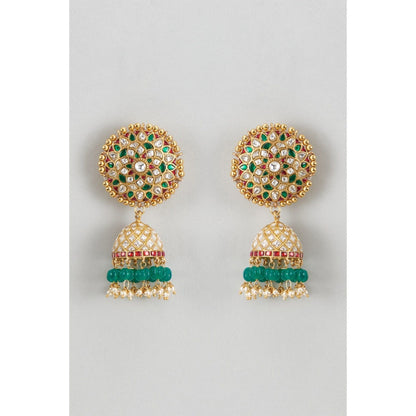 KARISA DESIGNS Green Phool Kundan Pearls and Beads Jhumkas