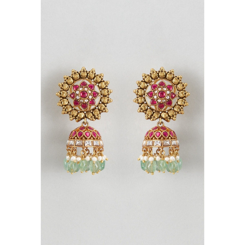 KARISA DESIGNS Green Surya Kundan Pearls and Beads Jhumkas