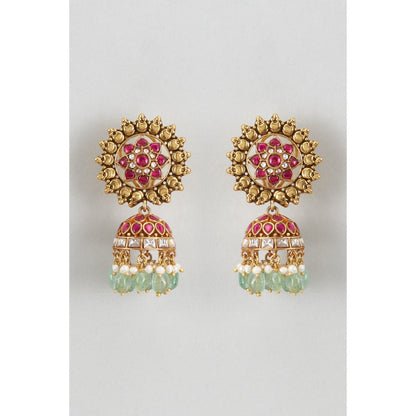 KARISA DESIGNS Green Surya Kundan Pearls and Beads Jhumkas