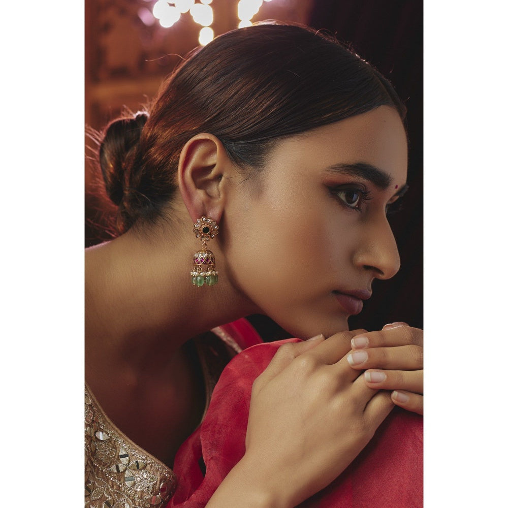 KARISA DESIGNS Green Sia Kundan Pearls and Beads Jhumkas
