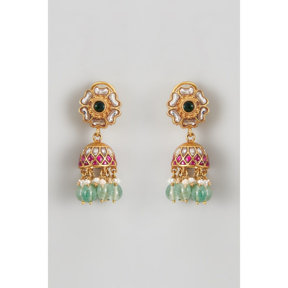 KARISA DESIGNS Green Sia Kundan Pearls and Beads Jhumkas