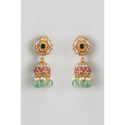 KARISA DESIGNS Green Sia Kundan Pearls and Beads Jhumkas