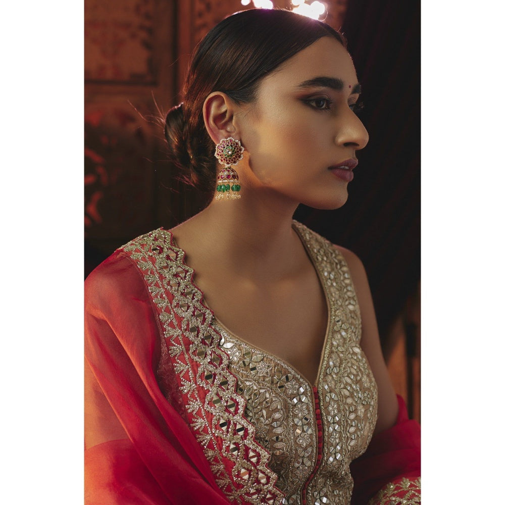 KARISA DESIGNS Green Apsara Kundan Pearls and Beads Jhumkas