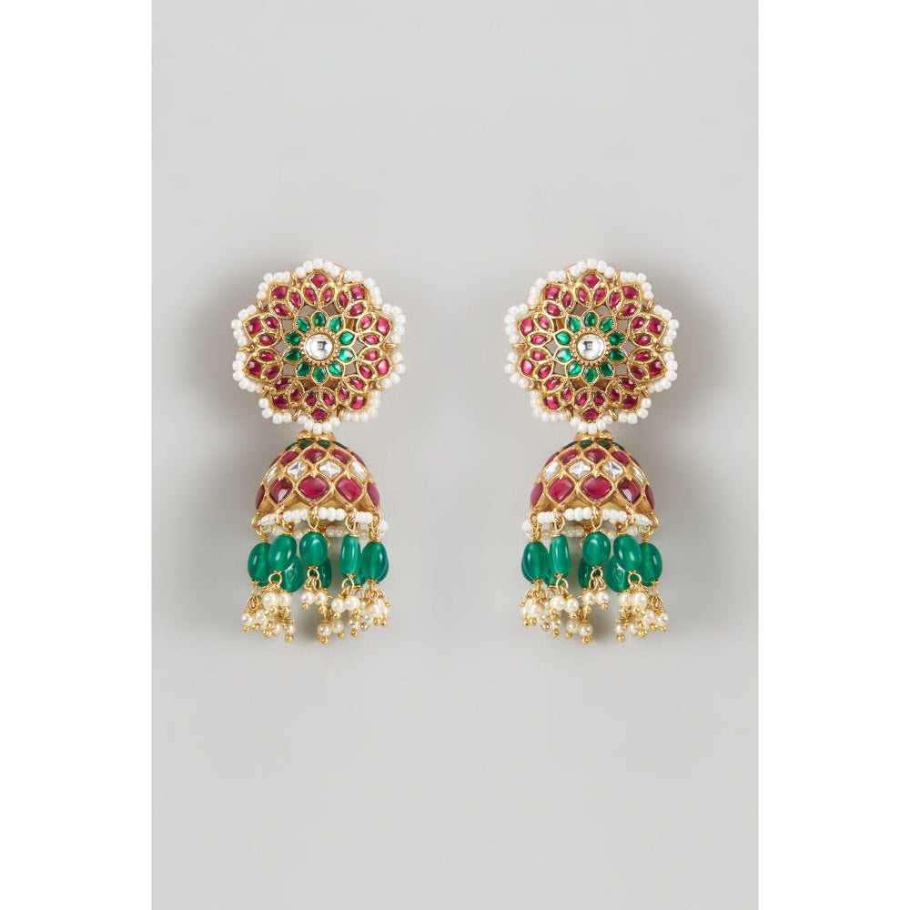 KARISA DESIGNS Green Apsara Kundan Pearls and Beads Jhumkas
