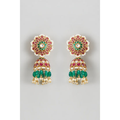 KARISA DESIGNS Green Apsara Kundan Pearls and Beads Jhumkas