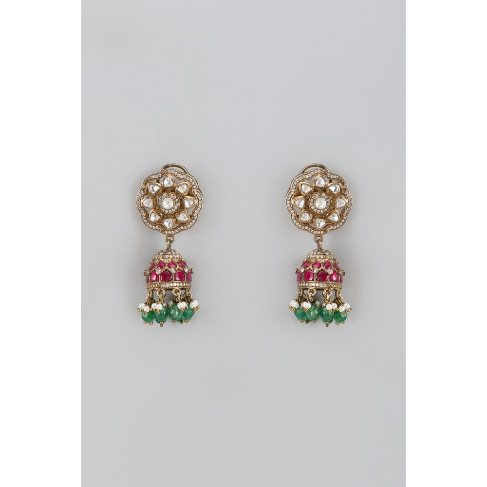KARISA DESIGNS Green Serene Victorian Moissanite Jhumkas
