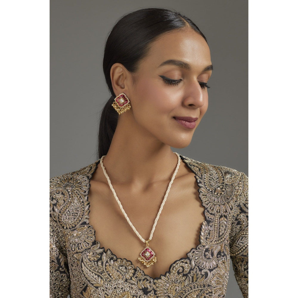 KARISA DESIGNS Pink Masoom Moissanite Necklace and Pair Of Earrings Set
