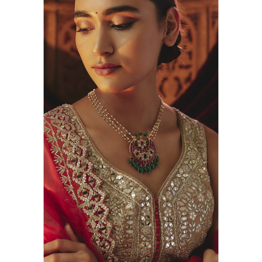 KARISA DESIGNS Green Fariyaz Pearl Strings Kundan Necklace