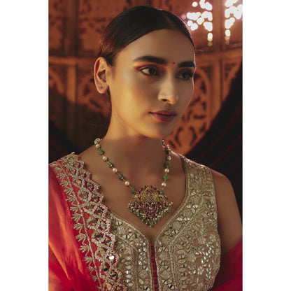 KARISA DESIGNS Green Gulnaz Pearl and Beads Kundan Pendent Necklace