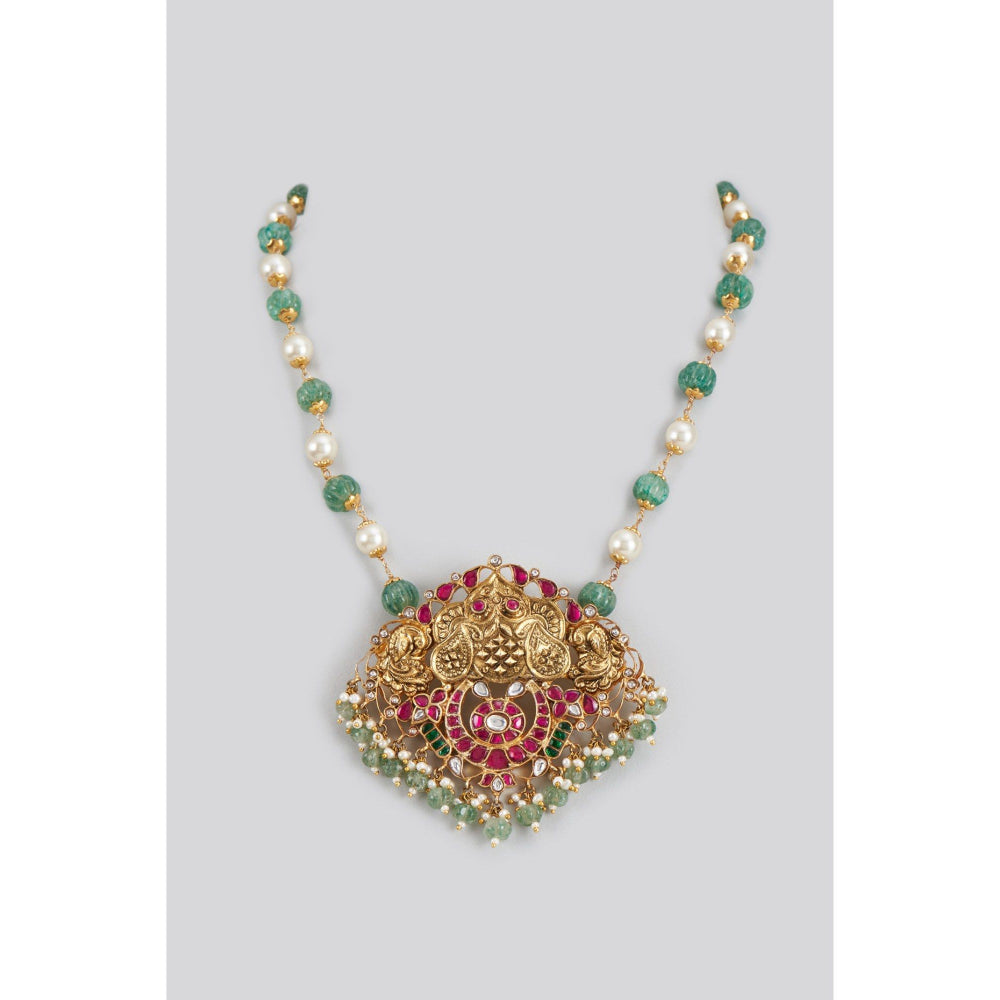 KARISA DESIGNS Green Gulnaz Pearl and Beads Kundan Pendent Necklace