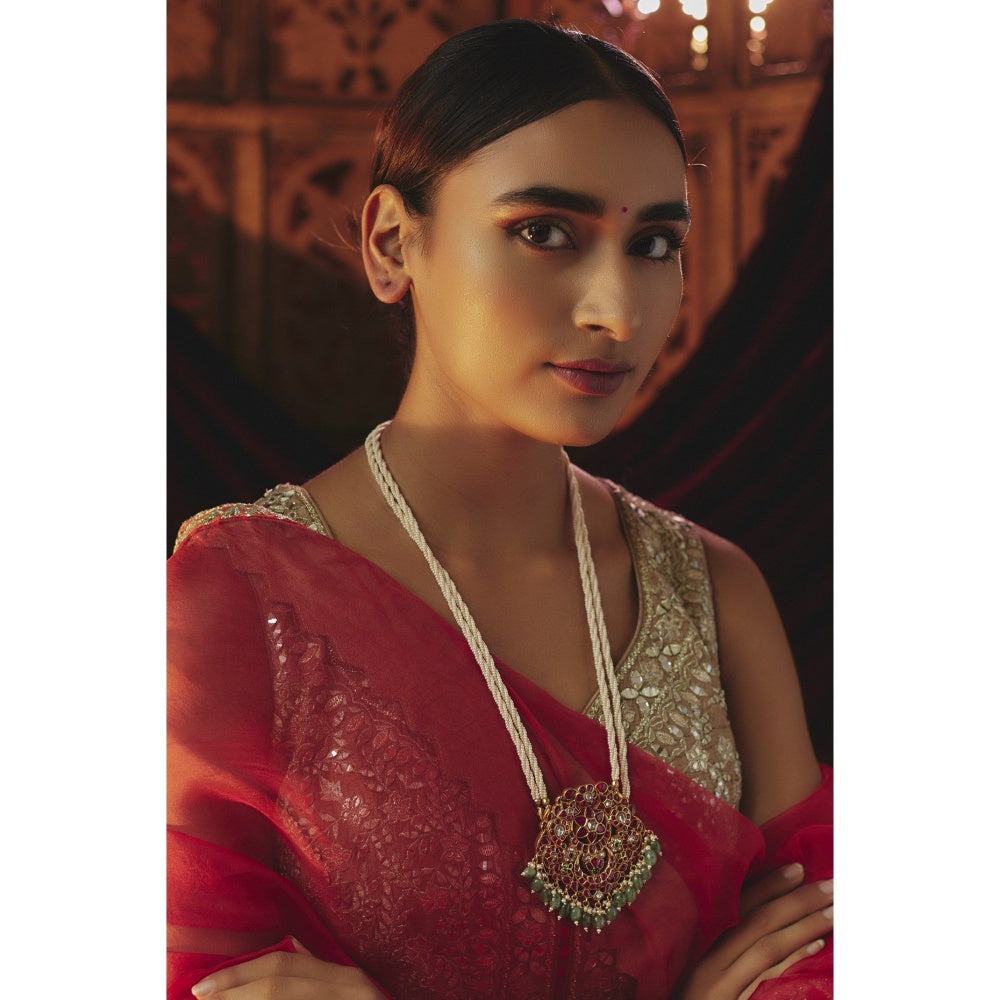 KARISA DESIGNS Green Barkha Pearl and Beads Kundan Pendent Necklace