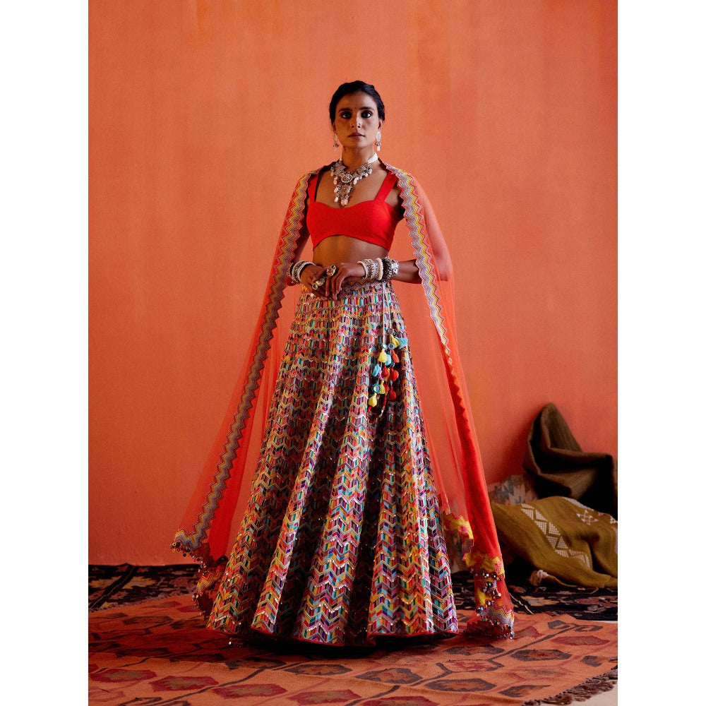 Karishma Khanduja Mushtaq Multicolor Embellished Lehenga with Blouse and Dupatta (Set of 3)