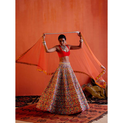 Karishma Khanduja Mushtaq Multicolor Embellished Lehenga with Blouse and Dupatta (Set of 3)