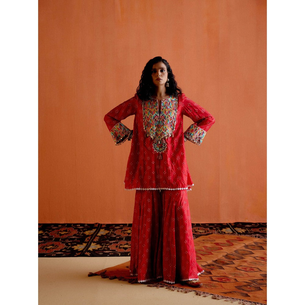 Karishma Khanduja Mushtaq Red Tassels Kurta with Sharara (Set of 2)