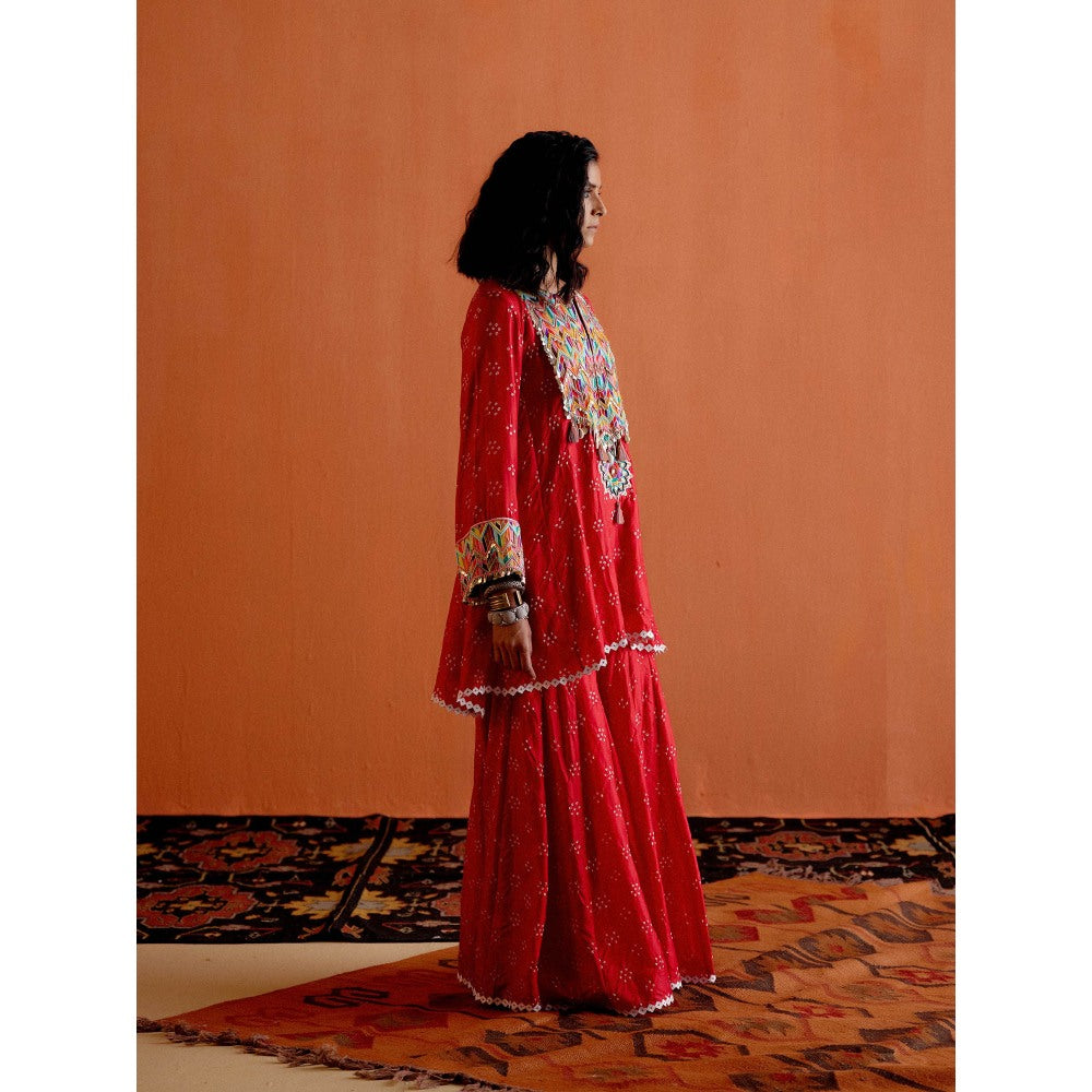 Karishma Khanduja Mushtaq Red Tassels Kurta with Sharara (Set of 2)