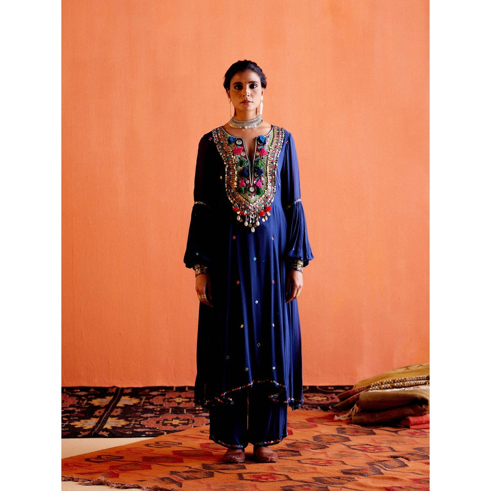 Karishma Khanduja Arshad Blue Embellished Tassels Kurta with Pant (Set of 2)