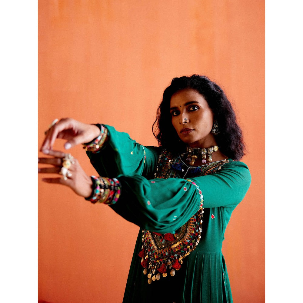 Karishma Khanduja Arshad Green Embellished Tassels Kurta with Pant (Set of 2)