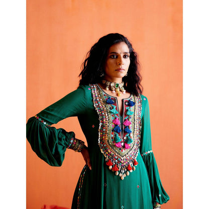 Karishma Khanduja Arshad Green Embellished Tassels Kurta with Pant (Set of 2)