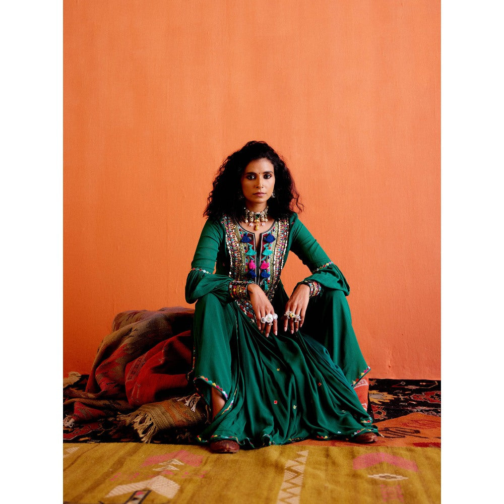 Karishma Khanduja Arshad Green Embellished Tassels Kurta with Pant (Set of 2)