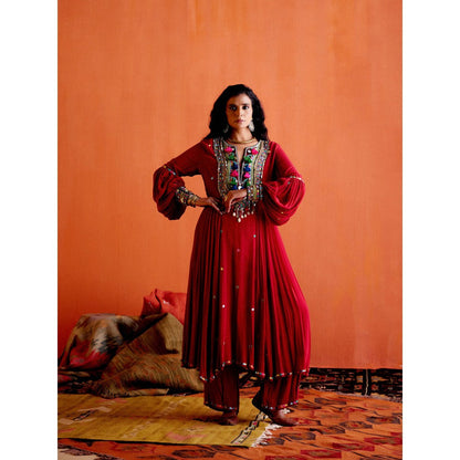 Karishma Khanduja Arshad Maroon Embellished Tassels Kurta with Pant (Set of 2)