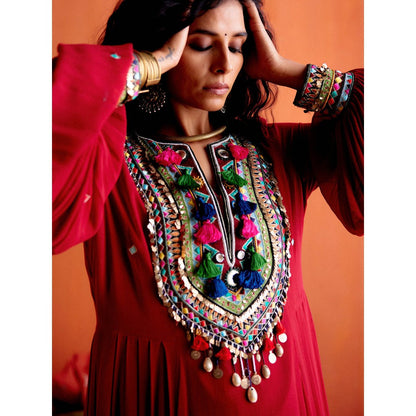 Karishma Khanduja Arshad Maroon Embellished Tassels Kurta with Pant (Set of 2)