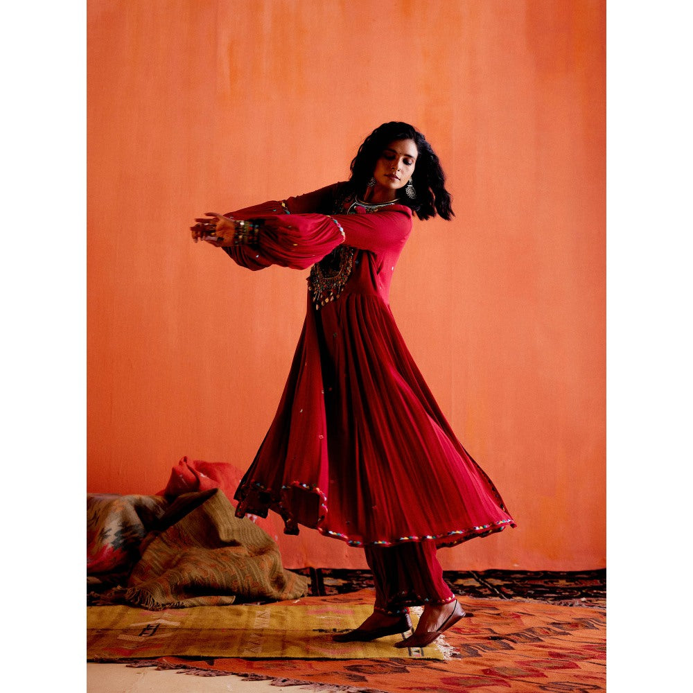 Karishma Khanduja Arshad Maroon Embellished Tassels Kurta with Pant (Set of 2)
