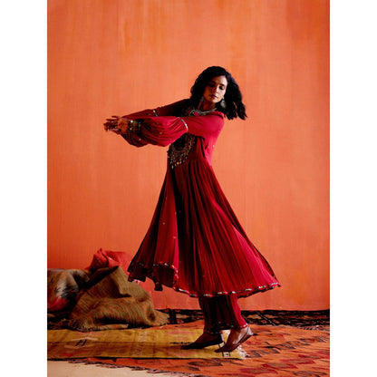 Karishma Khanduja Arshad Maroon Embellished Tassels Kurta with Pant (Set of 2)