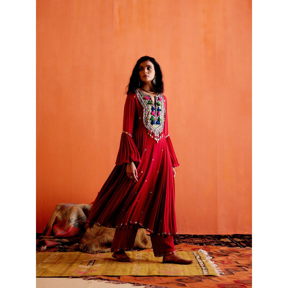 Karishma Khanduja Arshad Maroon Embellished Tassels Kurta with Pant (Set of 2)
