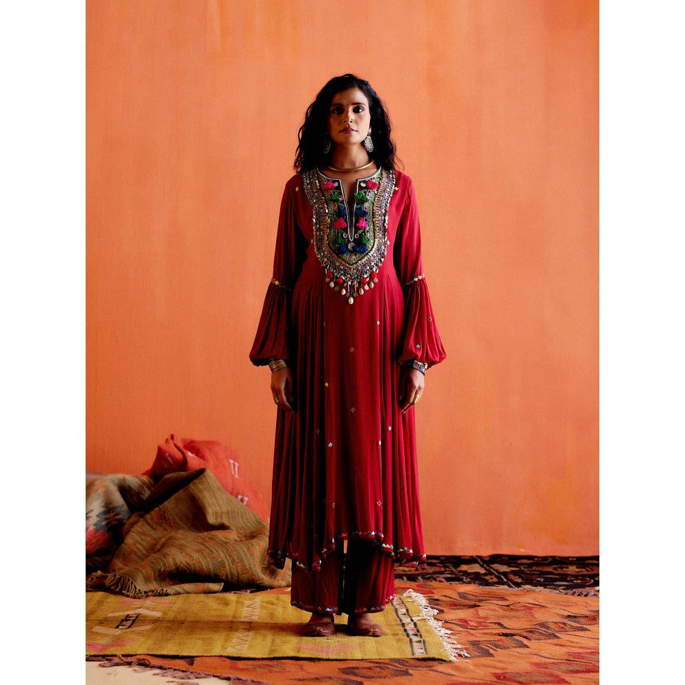 Karishma Khanduja Arshad Maroon Embellished Tassels Kurta with Pant (Set of 2)