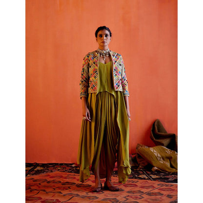 Karishma Khanduja Afzal Mehndi Green Embellished Jacket with Dhoti and Top (Set of 3)