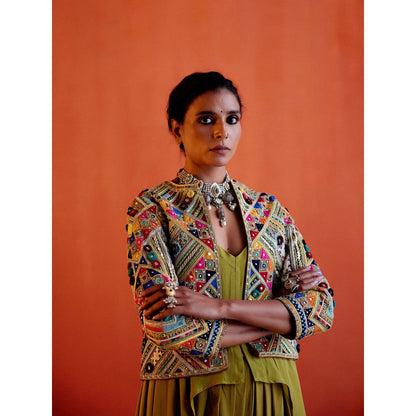 Karishma Khanduja Afzal Mehndi Green Embellished Jacket with Dhoti and Top (Set of 3)