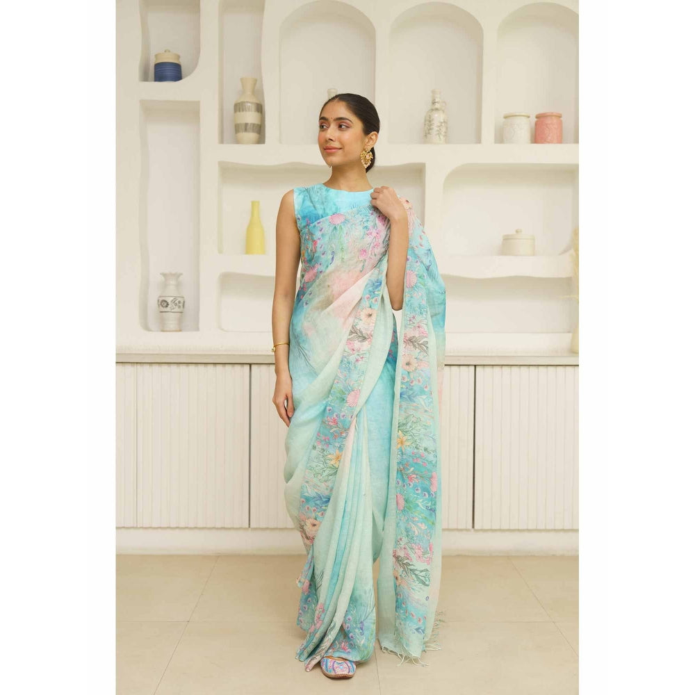KAVANA Dariya Linen Floral Printed Saree with Unstitched Blouse