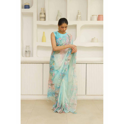 KAVANA Dariya Linen Floral Printed Saree with Unstitched Blouse