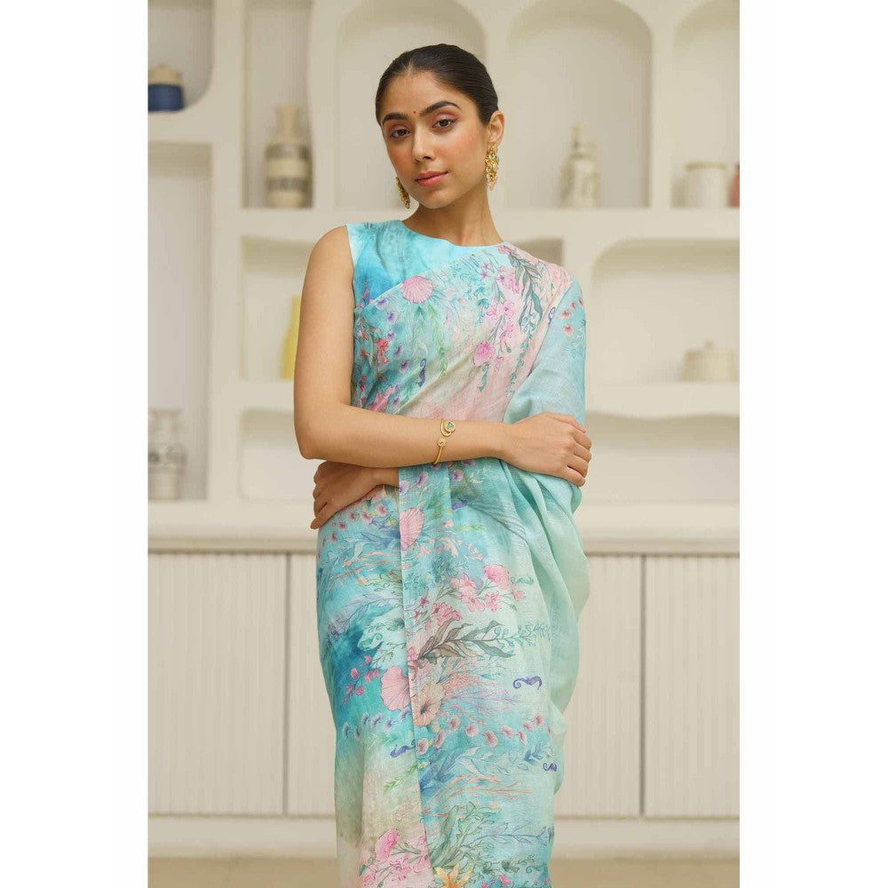 KAVANA Dariya Linen Floral Printed Saree with Unstitched Blouse