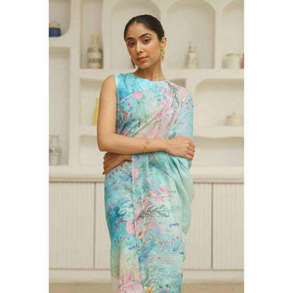 KAVANA Dariya Linen Floral Printed Saree with Unstitched Blouse