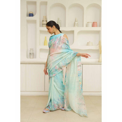 KAVANA Dariya Linen Floral Printed Saree with Unstitched Blouse