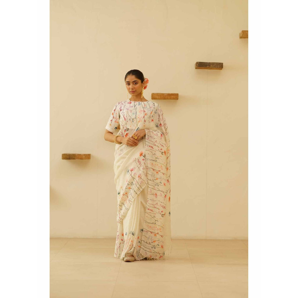 KAVANA Sofi Linen Floral Printed Saree with Unstitched Blouse