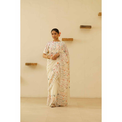 KAVANA Sofi Linen Floral Printed Saree with Unstitched Blouse