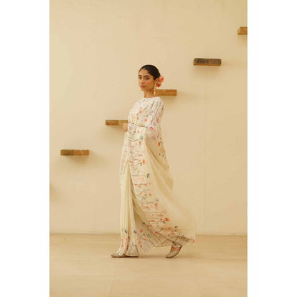 KAVANA Sofi Linen Floral Printed Saree with Unstitched Blouse