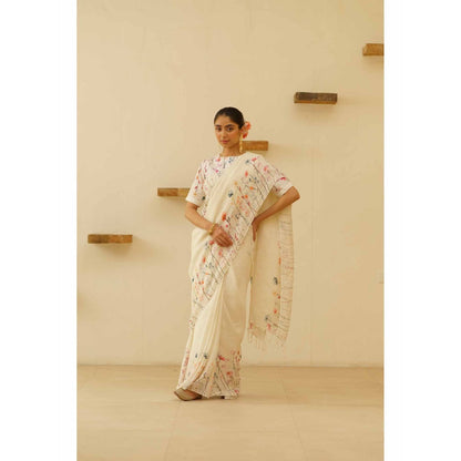 KAVANA Sofi Linen Floral Printed Saree with Unstitched Blouse