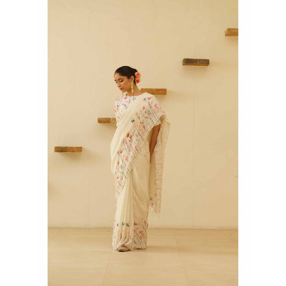 KAVANA Sofi Linen Floral Printed Saree with Unstitched Blouse