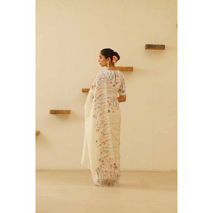 KAVANA Sofi Linen Floral Printed Saree with Unstitched Blouse