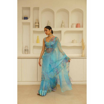KAVANA Seep Organza Floral Printed Saree with Unstitched Blouse