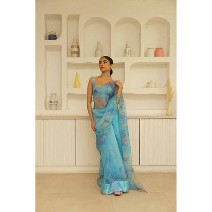 KAVANA Seep Organza Floral Printed Saree with Unstitched Blouse