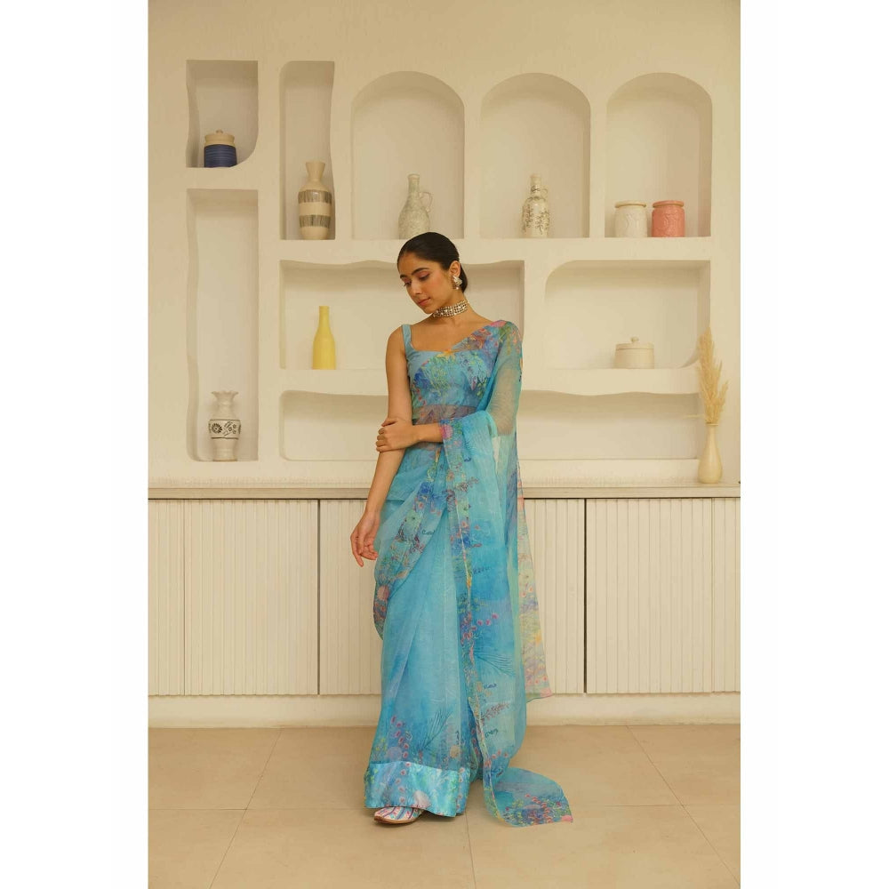 KAVANA Seep Organza Floral Printed Saree with Unstitched Blouse