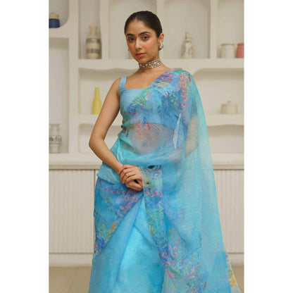 KAVANA Seep Organza Floral Printed Saree with Unstitched Blouse