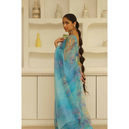 KAVANA Seep Organza Floral Printed Saree with Unstitched Blouse