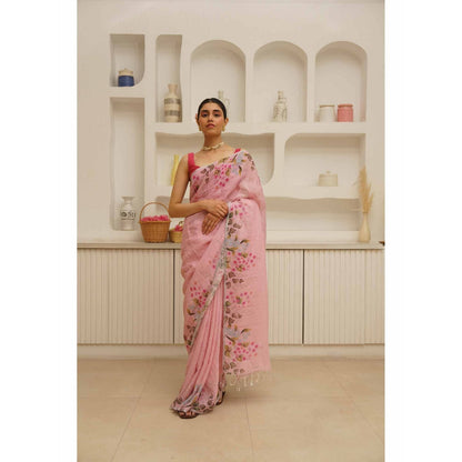 KAVANA Nalini Linen Floral Printed Saree with Unstitched Blouse