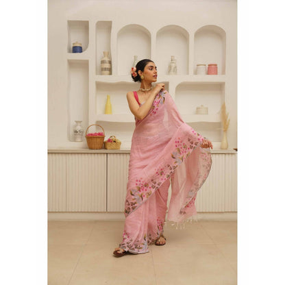 KAVANA Nalini Linen Floral Printed Saree with Unstitched Blouse